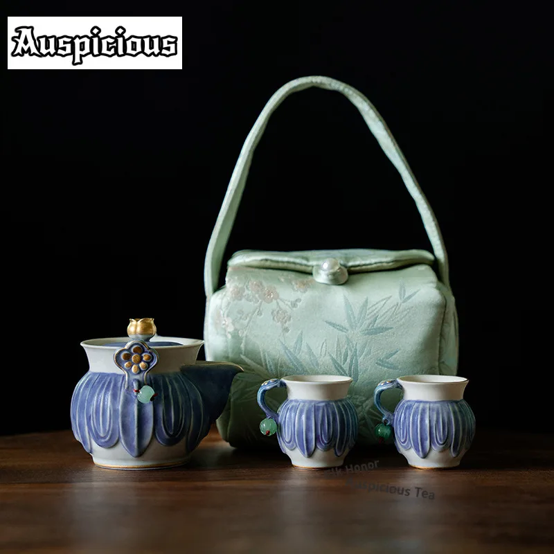 Sticky Rice Glazed Sky Blue Ruyi Travel Tea Set Kit Japanese 1 Pot 2 Cups Tea Making Organizer Portable Picnic Handbag Supplies