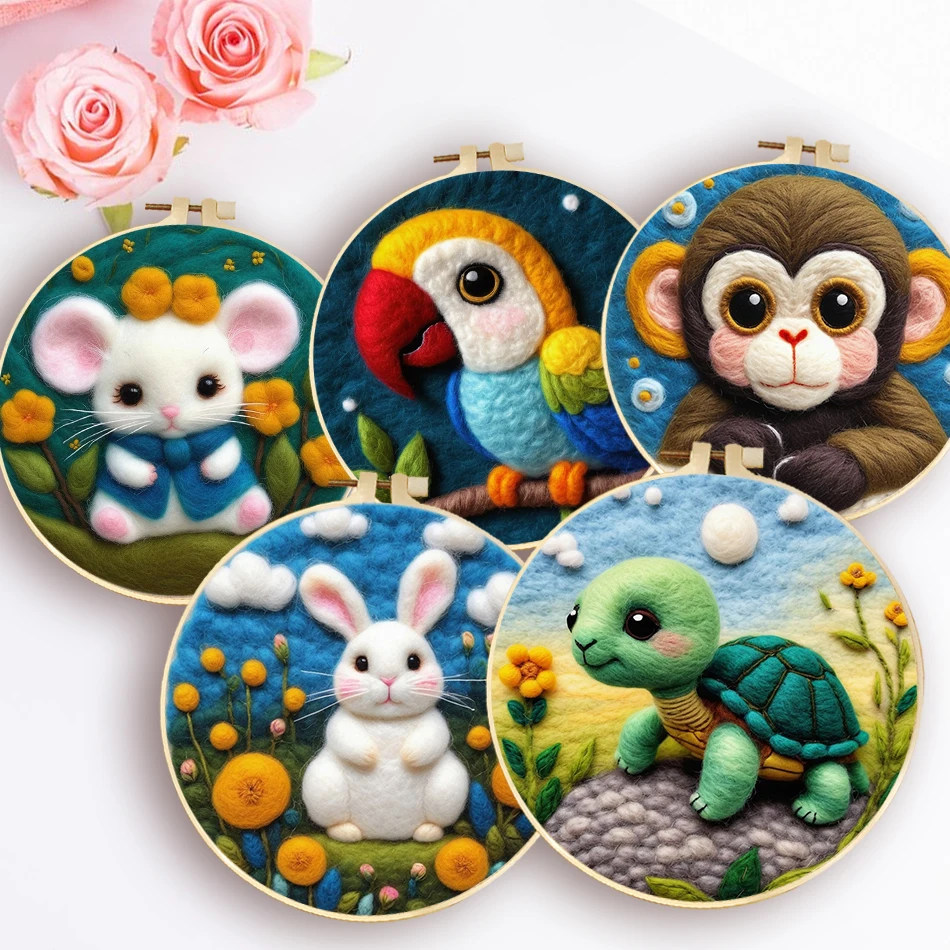 

Needle Felted Animals Embroidery Rabbit Turtle For Beginner Needle Wool Painting With 20x20cm Frame Home Decoration Gift