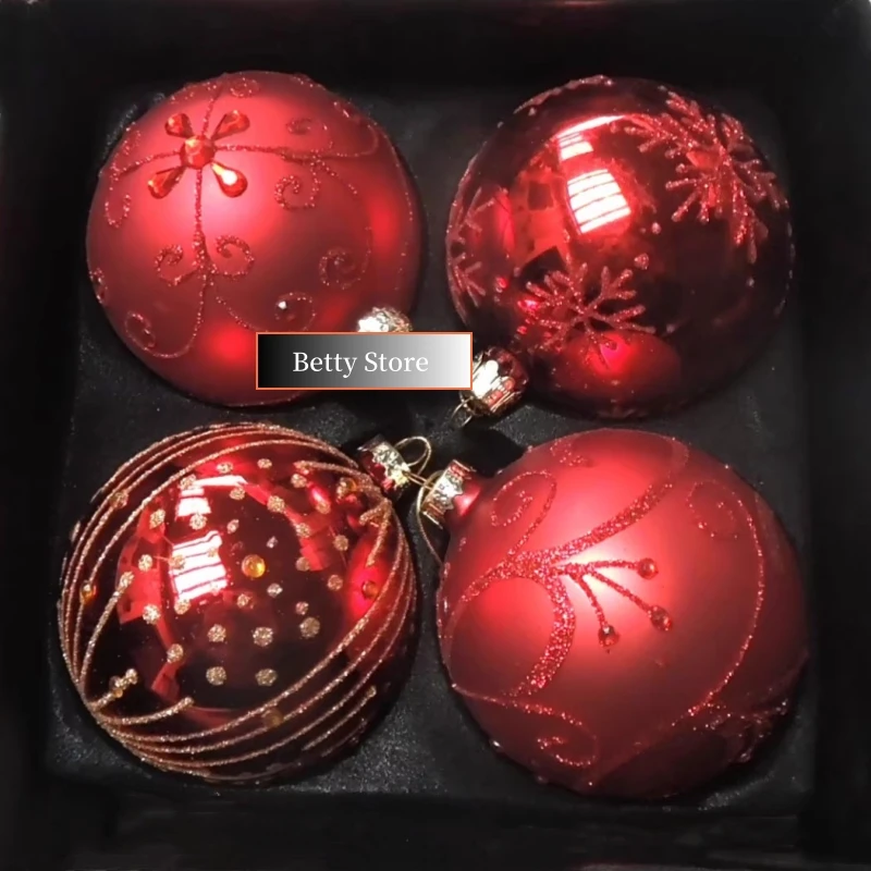 4pcs/pack Diameter=8cm Small Size Bright Matte Red Glass Globe Christmas Ball Tree Hanger Handmade Ornament Wedding Live Prop