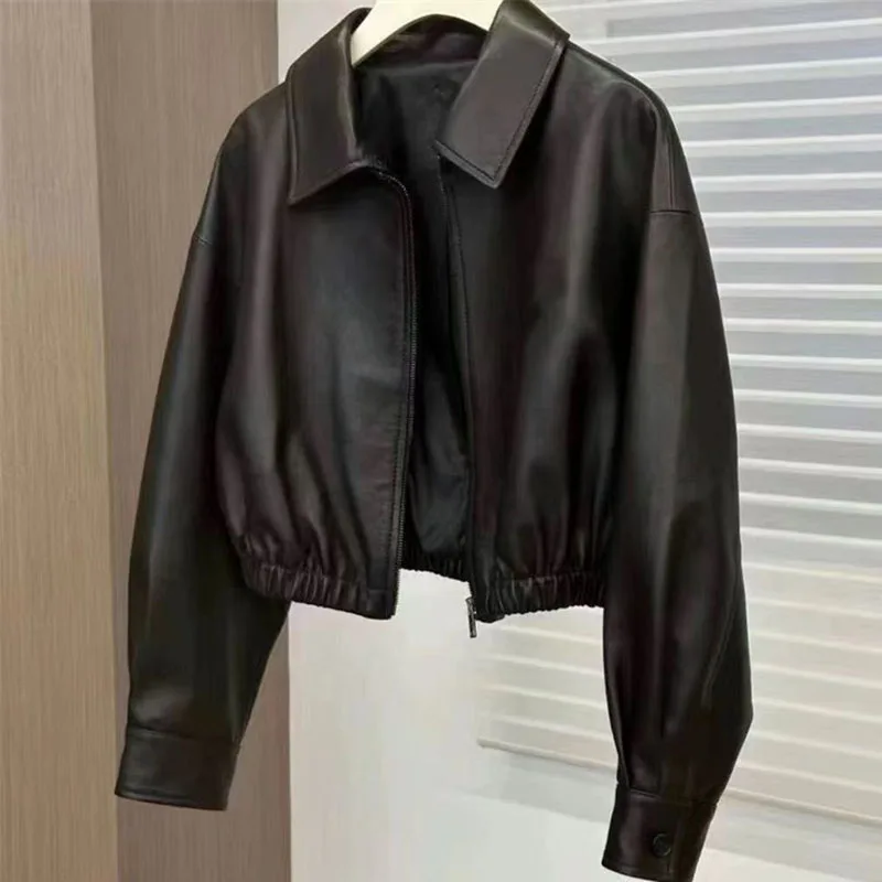 

Французская женская повседневная куртка из искусственной кожи на молнии, весенне-осенняя женская короткая куртка из искусственной кожи, 2025 г., женская кожаная верхняя одежда с длинными рукавами