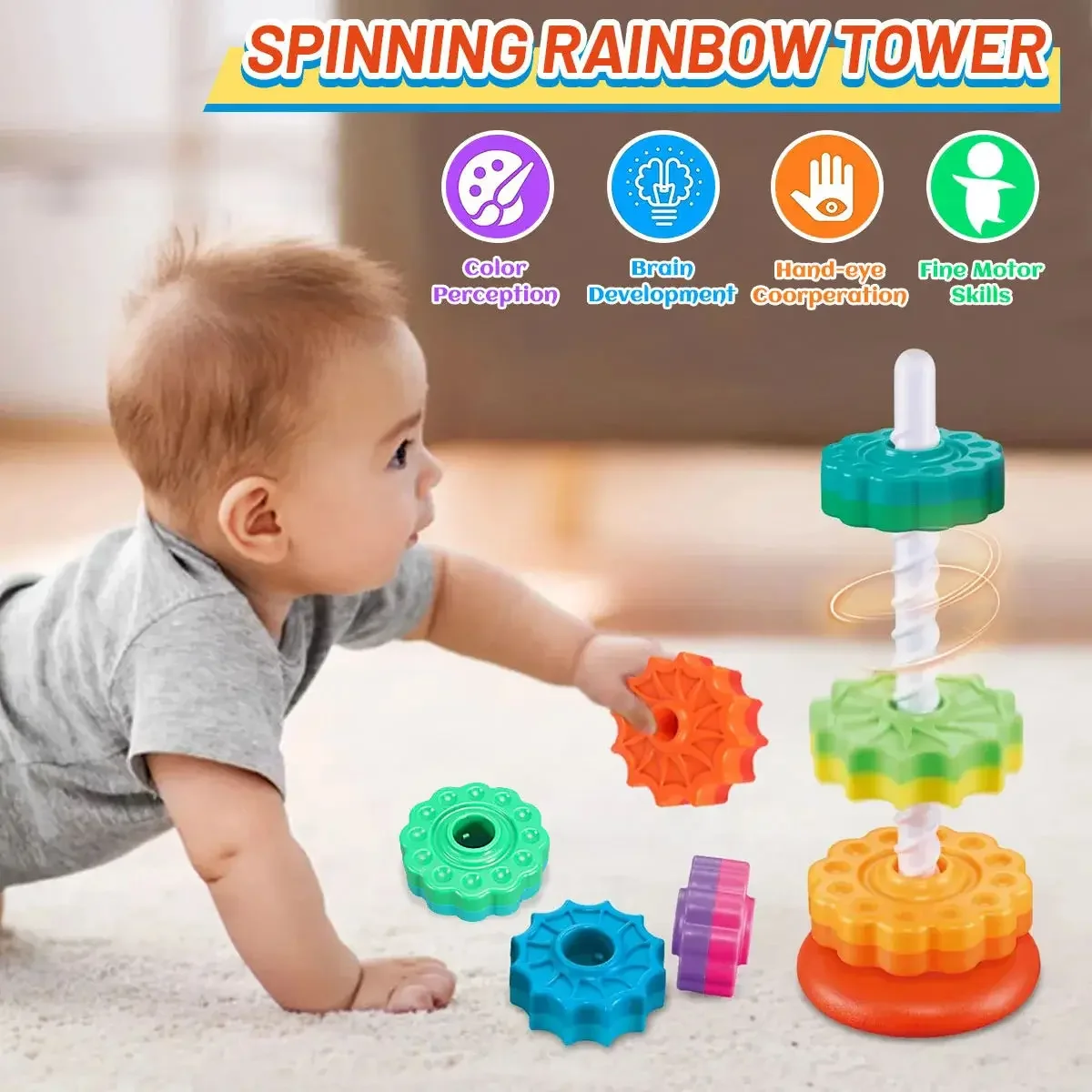 Kids Stacking Toys Spinning Rainbow Gears Toddler Montessori Educational Sensory Toys Circles Stacking Rainbow Wheel Ring