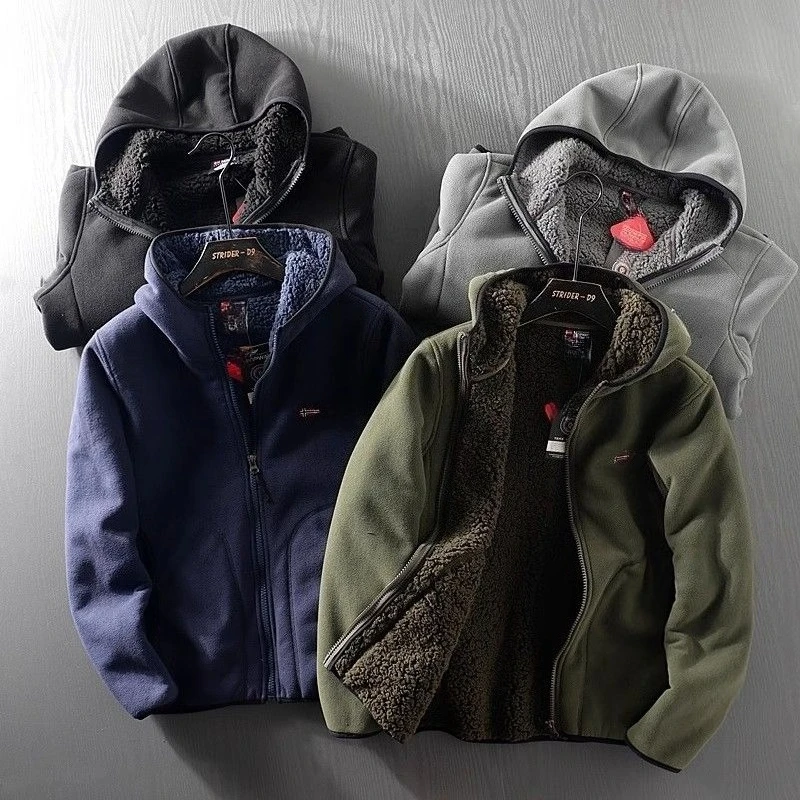 

Trendy Outdoor Men's Autumn Winter Jacket Thickened Fleece Hooded Jacket with Lambskin Lining Warmth Wind Resistance Men’s Wear