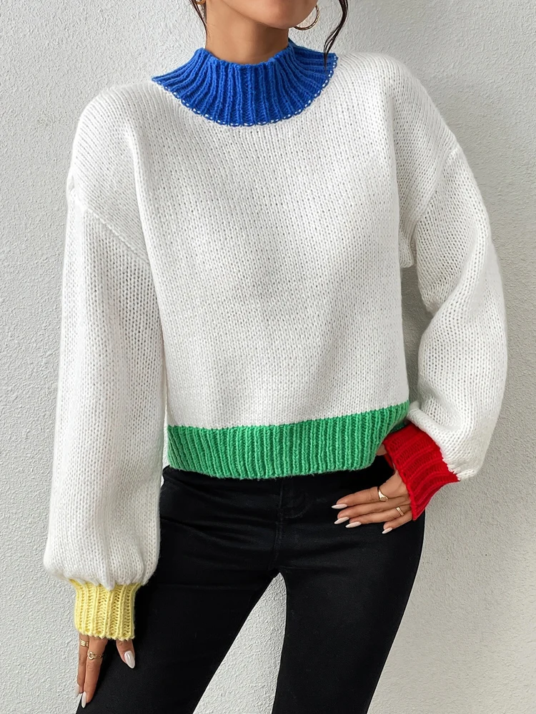 

New Winter Fashion Woman's Colorful Mock Neck Sweater,Long Sleeve Sweaters,Cozy Sweater,Patchwork Sweaters,Pullovers For Ladies
