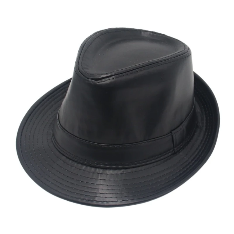 

Vintage British Gentleman Style PU Leather Fedora Hat – Unisex Retro Jazz Hat for Autumn Winter, Black Gentleman Bowler Cap