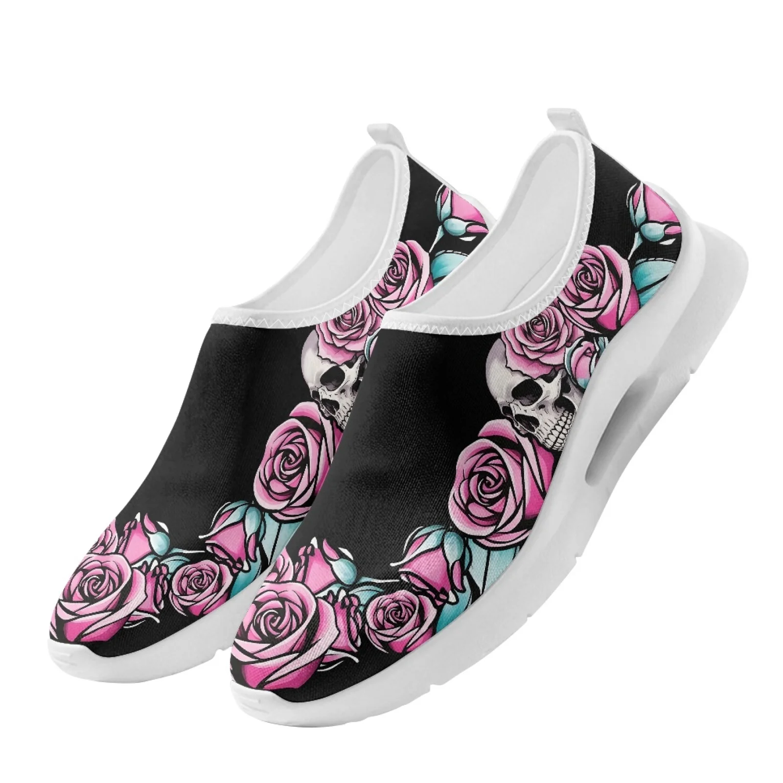 XIXIRIMIDO Women Casual Shoes Slip On Walking Sneakers Nurse Shoes Mens Gym Workout Shoe Breathable Comfortable Soft Rose Skull