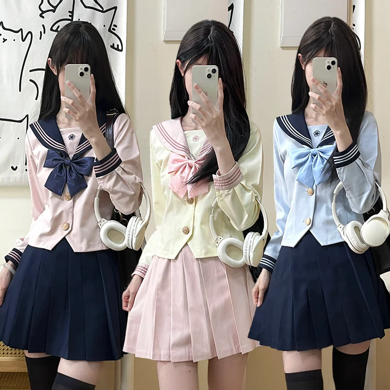 NONSAR Japanese Y2k Girls College Long Sleeve Jk Uniform Set Sweet Bow Button Sailor Collar Short Shirt Top + Mini Pleated Skirt