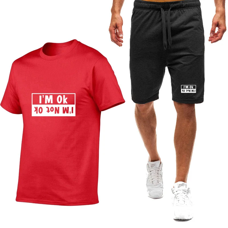 Summer Loose Men's I'm Not Ok Logo Print Fashion Solid Color O Neck Breathable Quick Drying T-shirt Match Sports Pants Suits