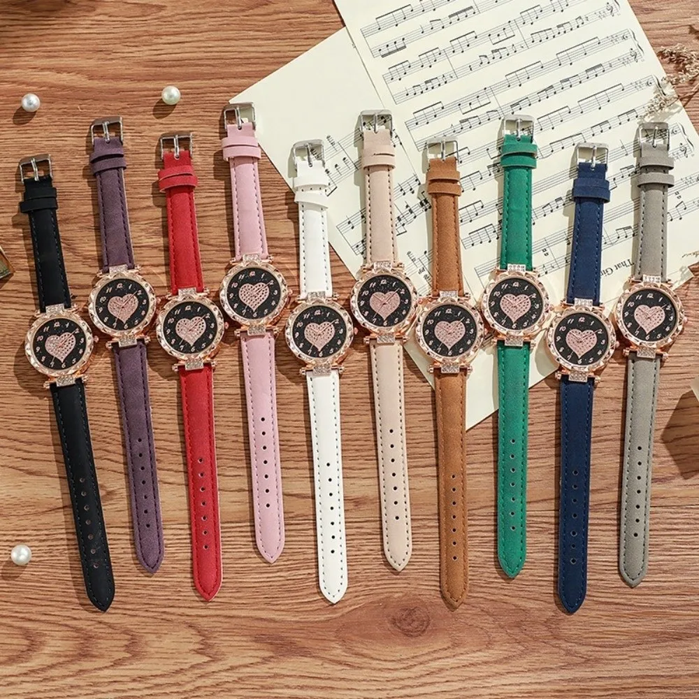 New Heart Rhinestone Quartz Wristwatches Leather Strap Casual Electronic Watch Simple Wrist Watches Women
