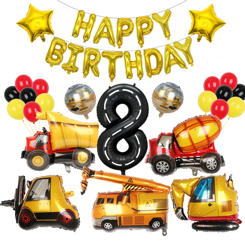 27pcs engineering Theme foil Balloon With 40Inch Number Set Digger Engineering Vehicle Construction Birthday Balloon Party Decor