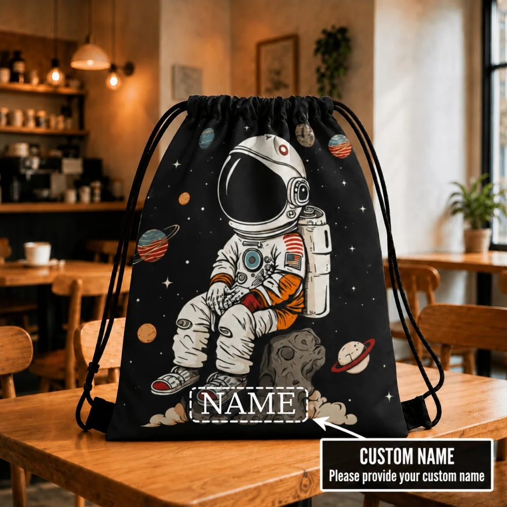 Custom Astronaut Space Drawstring Backpack, Personalized Name Print Drawstring Sack Bag, Lightweight Storage Bag for Boys Kids