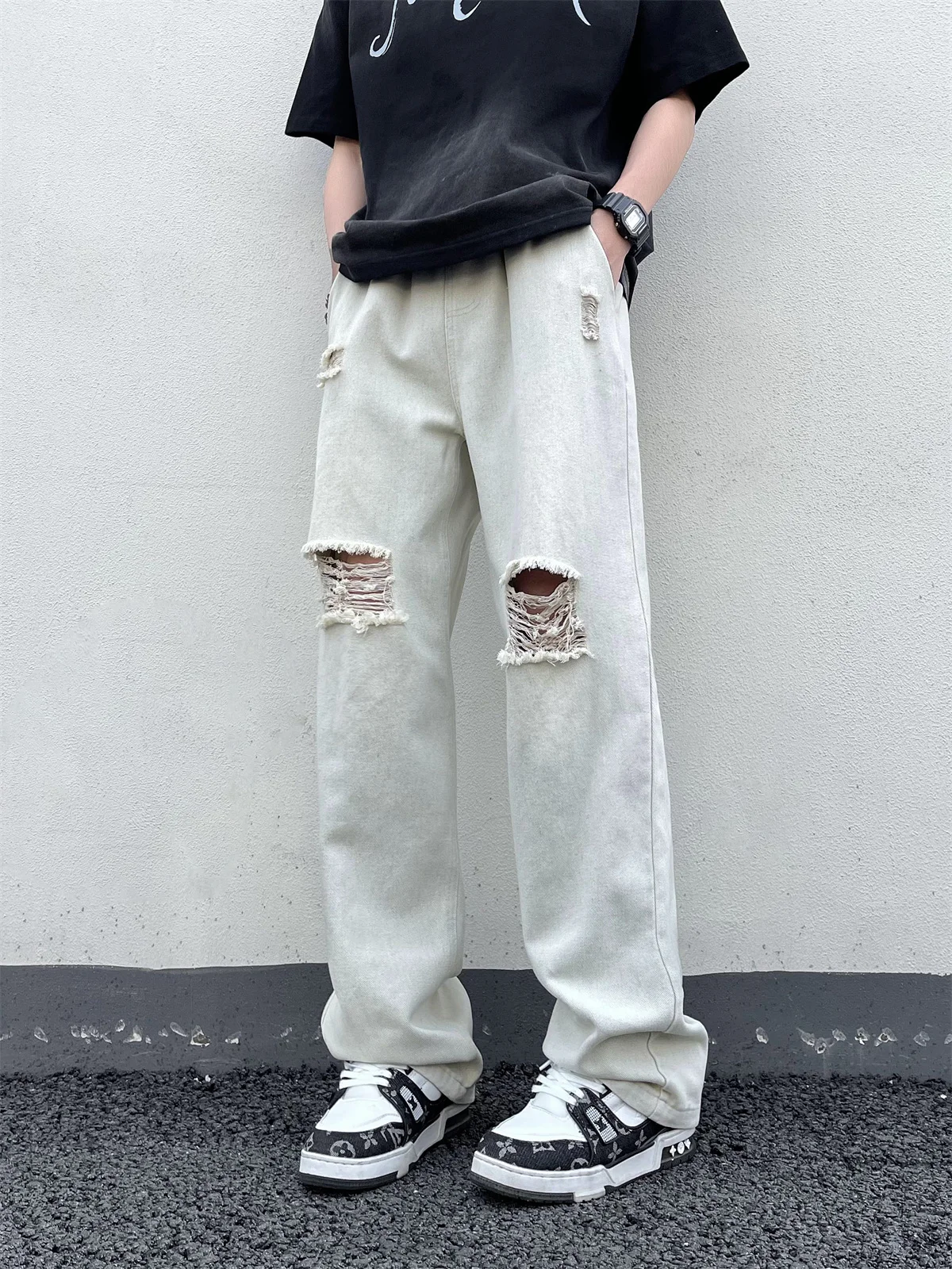 

Ripped Straight Leg Men's Jeans Loose Fit Yellow Mud Color Casual Long Trousers Street Sle Retro Waed Denim Youth Faion