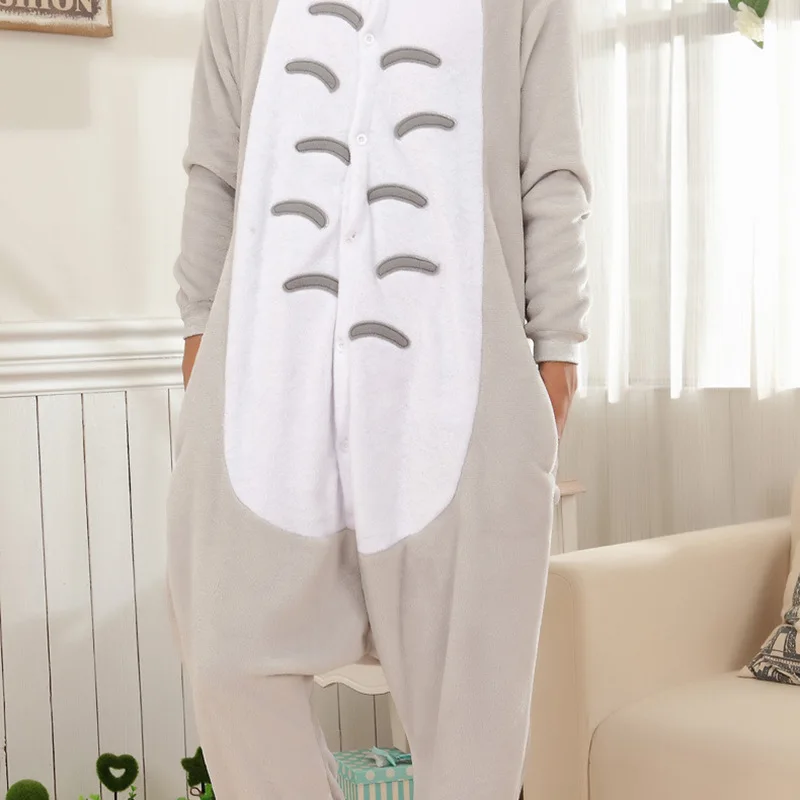 Winter Flannel Cartoon Cat Button Onesie Sleepwear For Young Couples Hooded Halloween Christmas Cosplay Pajamas Length To  Ankle