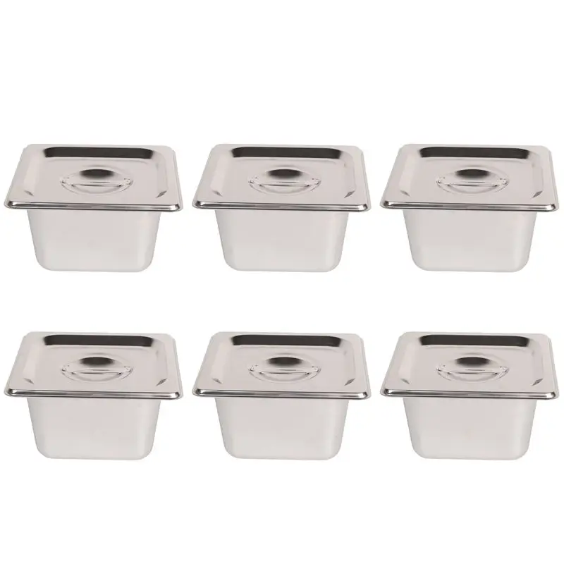 J1UL1N 6 Pack Anti-Jam Slotted Hotel Pans With Lids, 1/6 Size 4 Inch Deep, Commercial 18/8 Stainless Steel Steam Table Food Pan