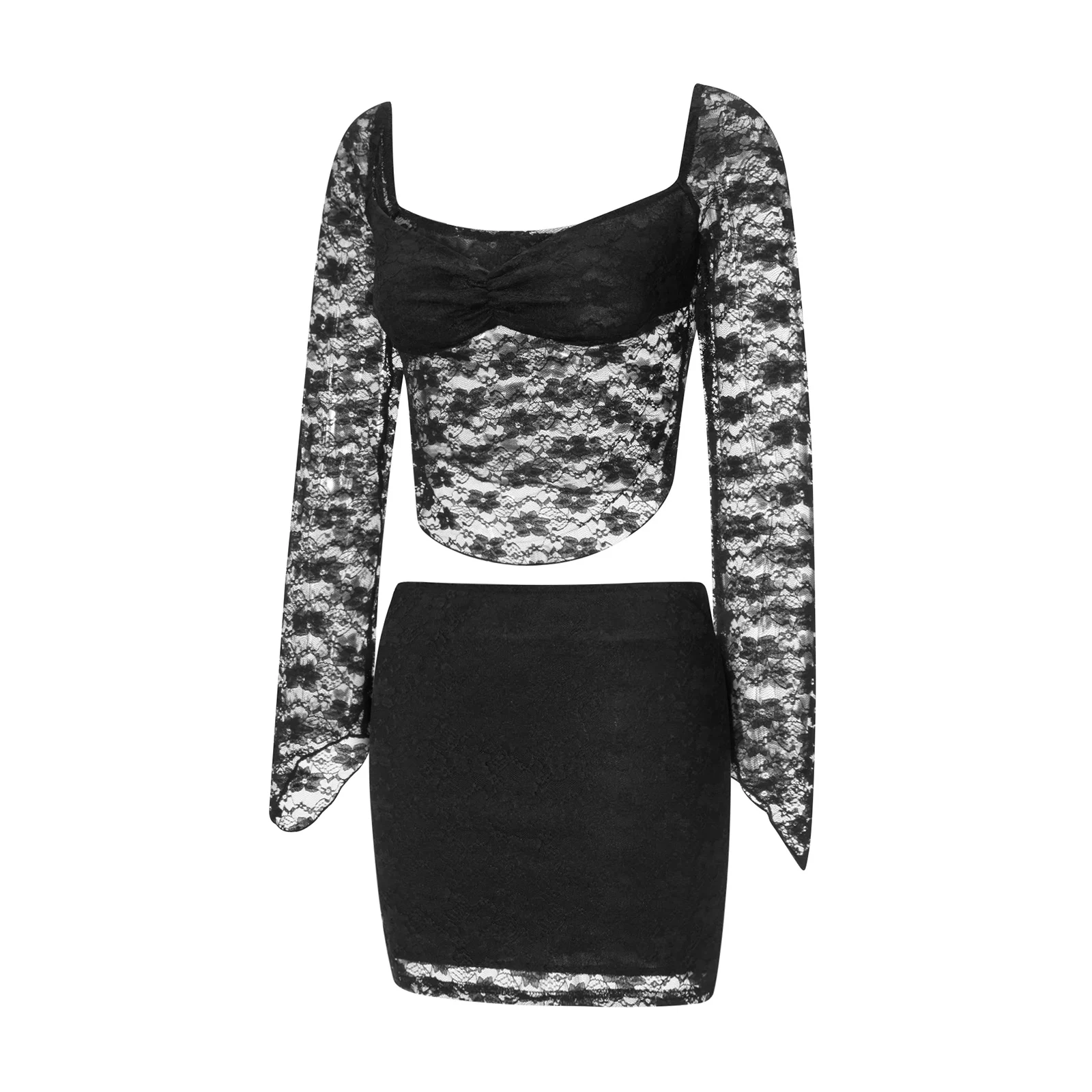 Dames 2 Delige Rok Outfits Lange Mouwen Kanten Bloementops Zwart Mini Skinny Rok Set