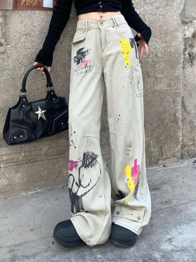 Female New High Waist American Retro Loose Graffiti Printed Dirty Pants Lady High Street Washed American Style Wide Leg Trousers