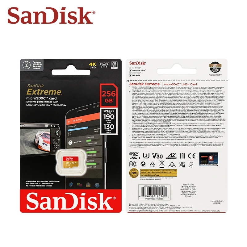 Sandisk การ์ด Micro SD V30 32GB 64GB บัตร TF คลาส10 GB การ์ดความจำสุดขีด128GB สำหรับโดรนกล้อง100% ของแท้สูงสุด190เมกะไบต์/วินาที