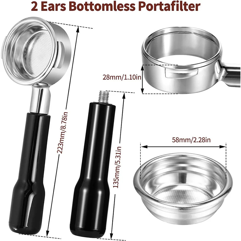 AA05 58mm Bottomless Portafilter 2 Ear Espresso Portafilter with Filter Basket for E61 Rocket, Faema, Rancilio Coffee Machine