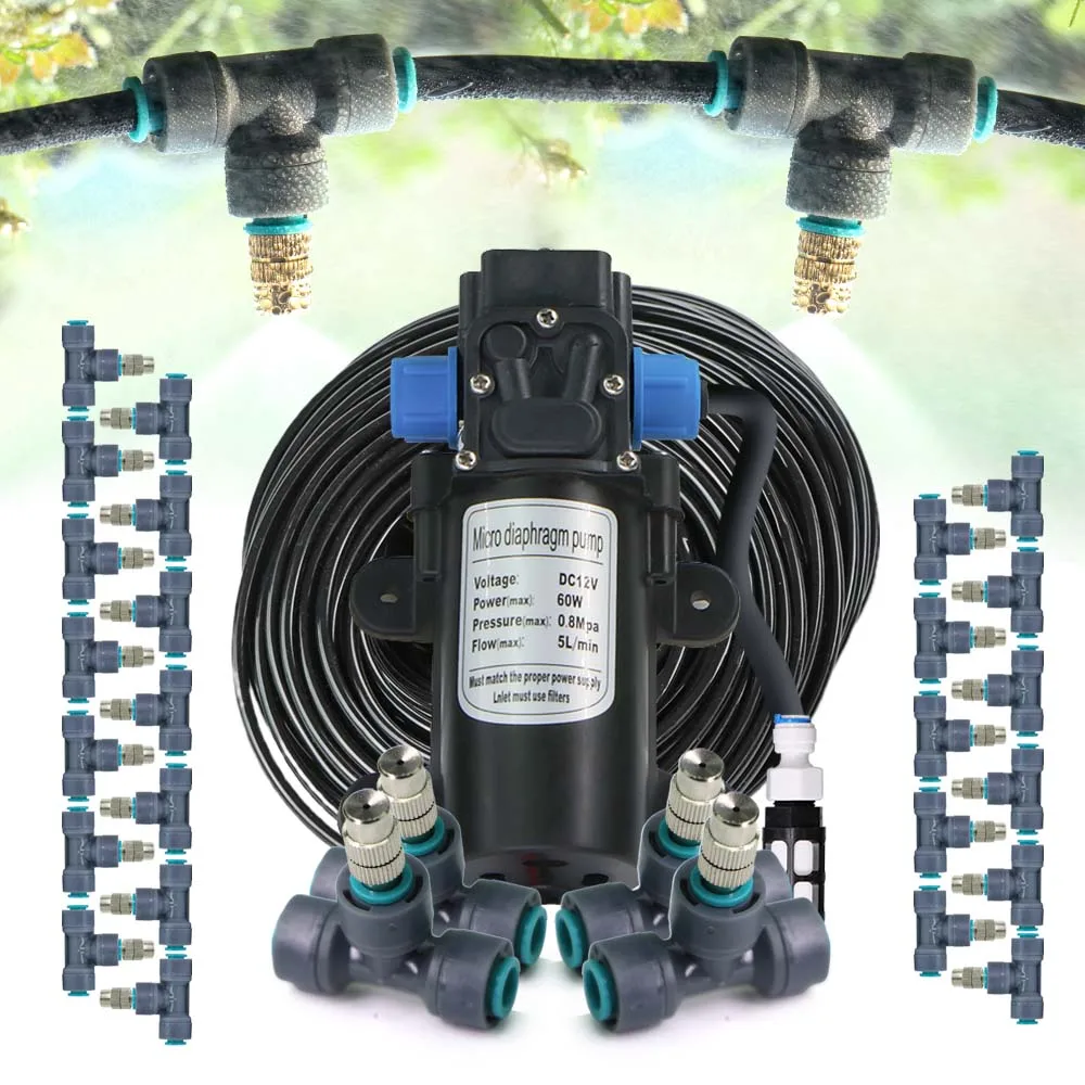 

60W Pump Garden Automatic Irrigation Watering Cooling System Spray Kit 1/4" Hose 360° Rotating Adjustable Atomizing Spray Head