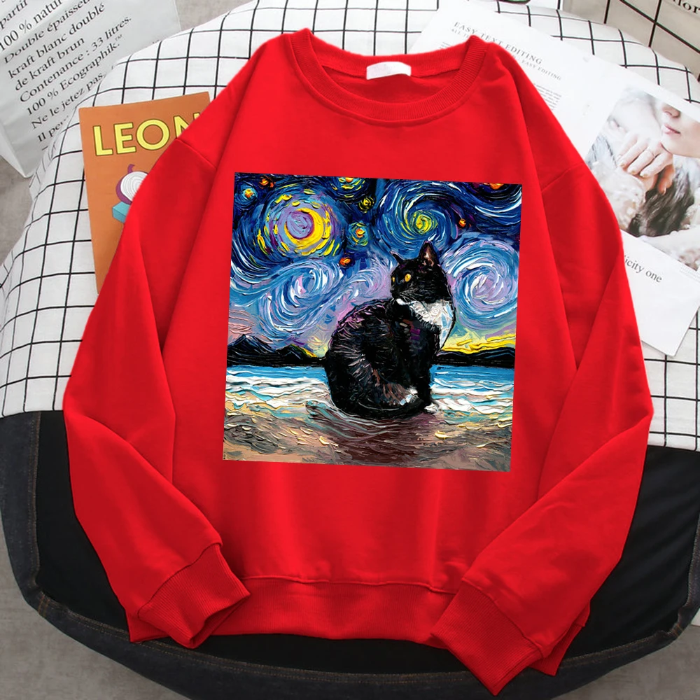 Winter Simple Women\'S Sweatshirt Cat Starry Sky Universe Print Hoodie Comfortable Fleece Pullovers Loose Warm Female Sportswears