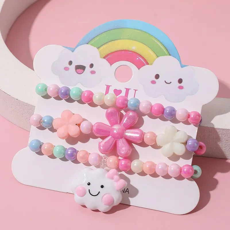 3pcs/set Cute Children's Cartoon Bracelets Princess Beads Unicorn Fruit Cat Girls Kids Jewelry Charm Gifts Wholesale
