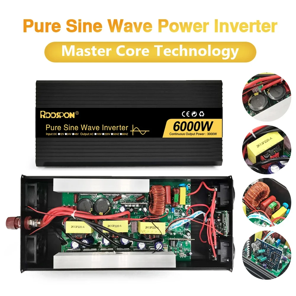 RDDSPON Pure Sine Wave Inverter 4000W 5000W 6000W Double EU Socket DC12V 24V 48V To AC220V Voltage Converter Solar Car Inverter