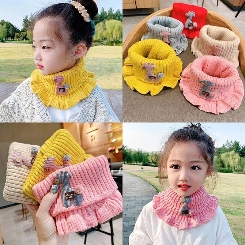 New 2/1PC Baby Knitted Scarf Cartoon Giraffe Ruffle Neck Warmer Girls Kids Accessories Collar Circle Outdoor Winter Warm Scarves