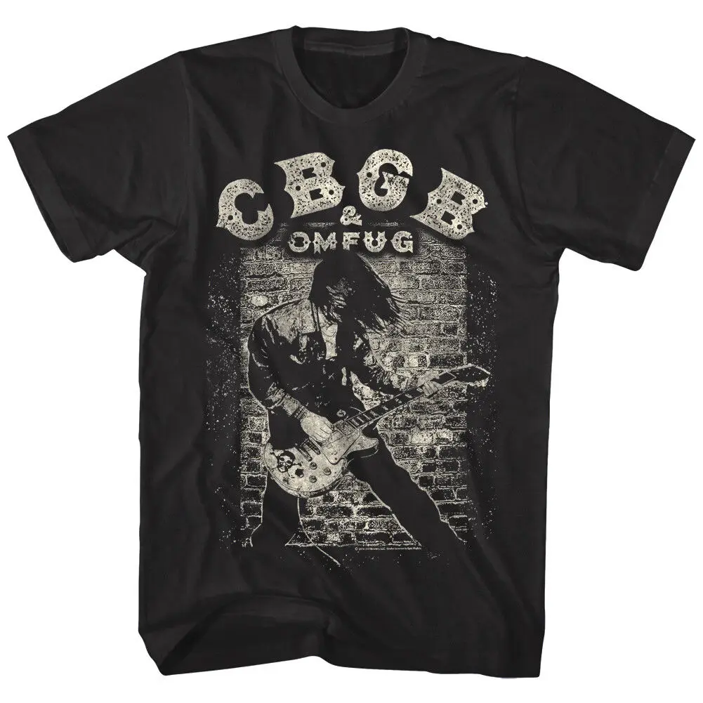 CBGB OMFUG Shredding Rock Guitar Men's T Shirt Brick Wall Punk Metal Music Merch