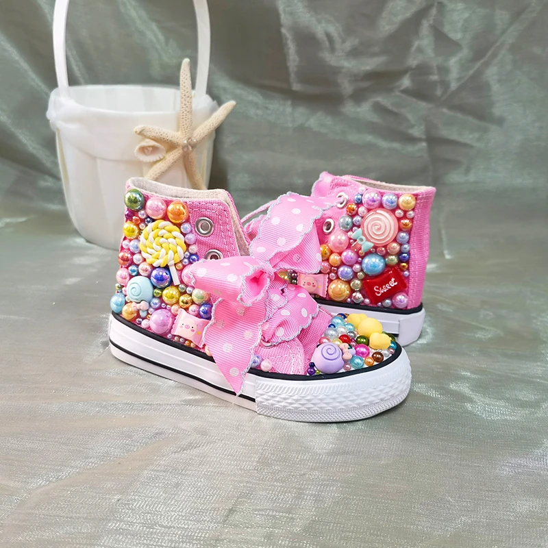 Kinderschoenen Naam Foto Custom Ontwerp Voor Meisje Verjaardagsfeestje Canvas Poppen Handgemaakte Bling Regenboog Parels Sneakers