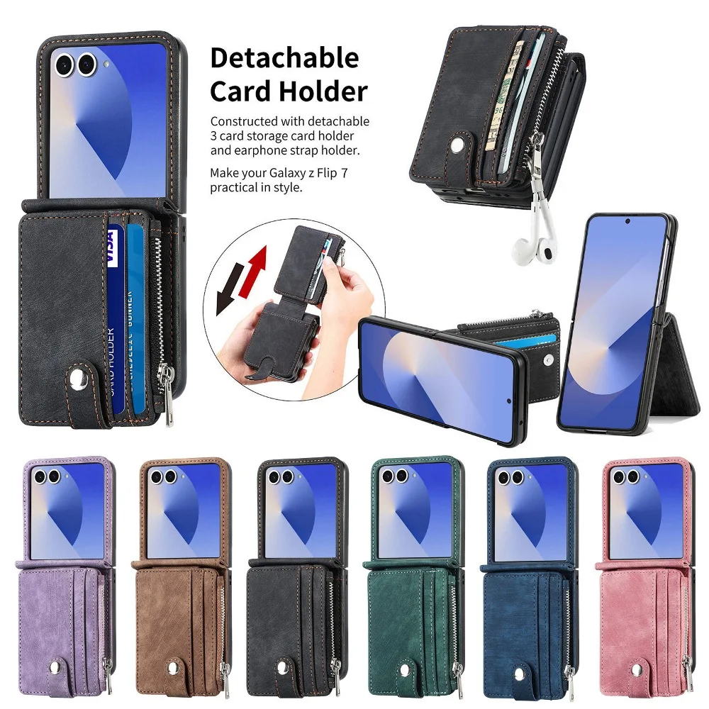 

Retro Solid Color Leather Folding Phone Cover for Samsung Galaxy Z Flip7 FE 6 5 with Back Detachable Wallet Card Slots