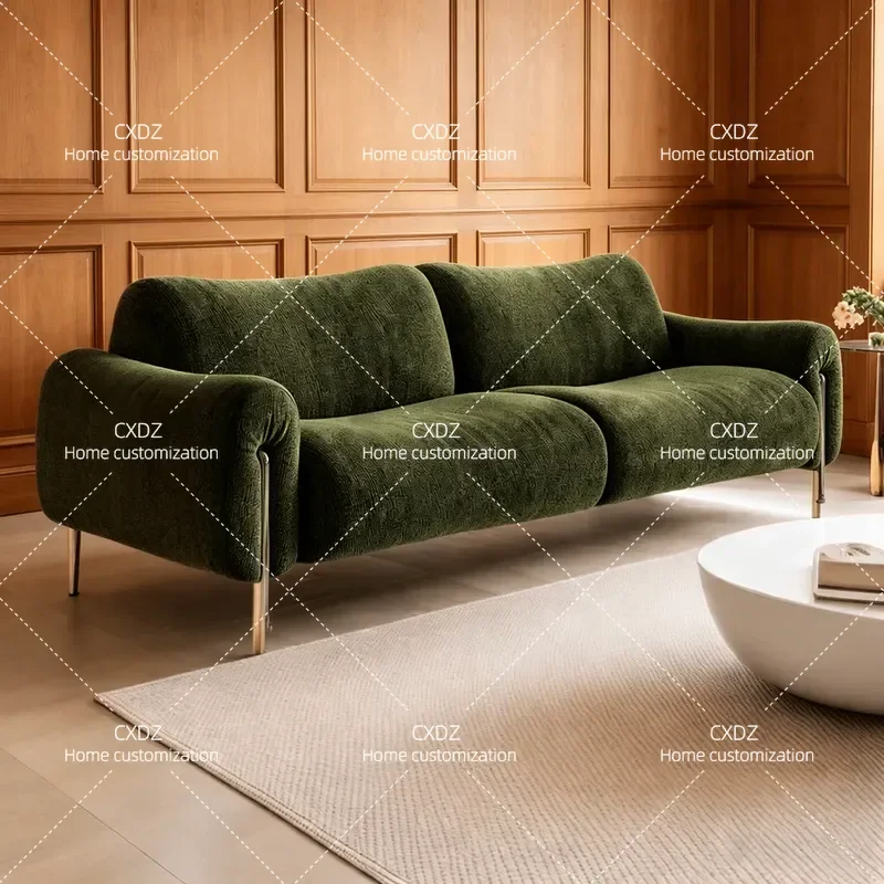 Retro medieval style avocado green fabric straight row sofa metal thin feet large flat floor living room B & B leisure sofa