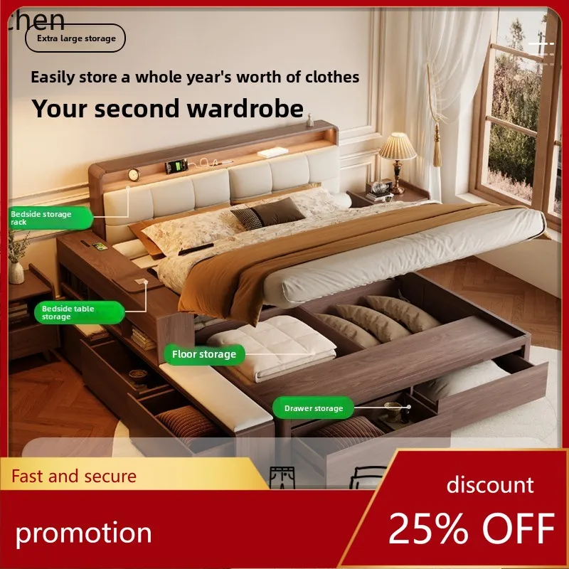 ZML Solid Wood Bed for Home Use, Wedding Bed, Master Bedroom Floor Bed with Drawers, Storage Box, Storage Bed