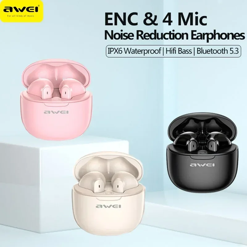 

Awei ENC Noise Canceling Earbuds 5.3 Bluetooth Earphones With 4 Mic Wireless Headset Gamer HiFi Bass Sound Sports Headphones