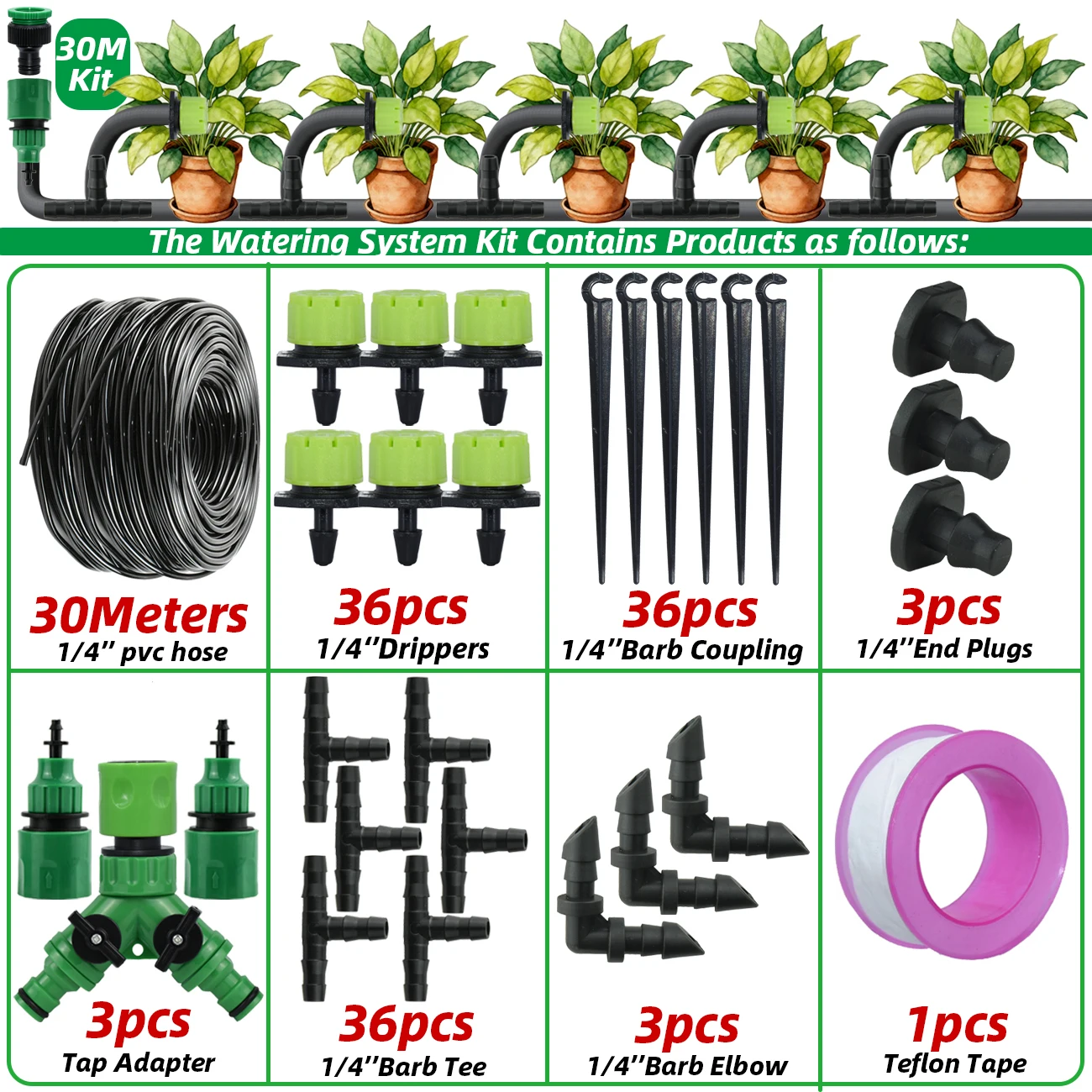 5-30M Tuin 1/4 ''Slang Druppelirrigatie Kit Automatisch Besproeiingssysteem Verstelbare Draagbare Waterbesparende Kasplant bloem
