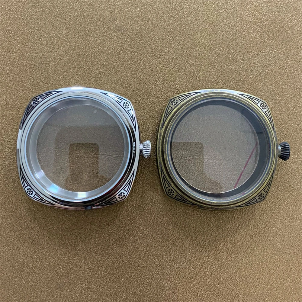 Caixa esculpida em aço inoxidável de 45mm, caixa de relógio polido com corda manual para movimento eta6497 eta6498 fit 36mm dial 26mm pulseira de banda