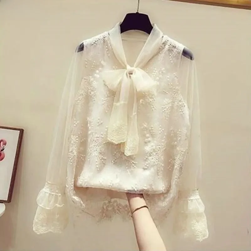 

plus Size Women's White Lace Blouse irt 3 Brand Autumn Seven Sve Long Tops Women's Clothing