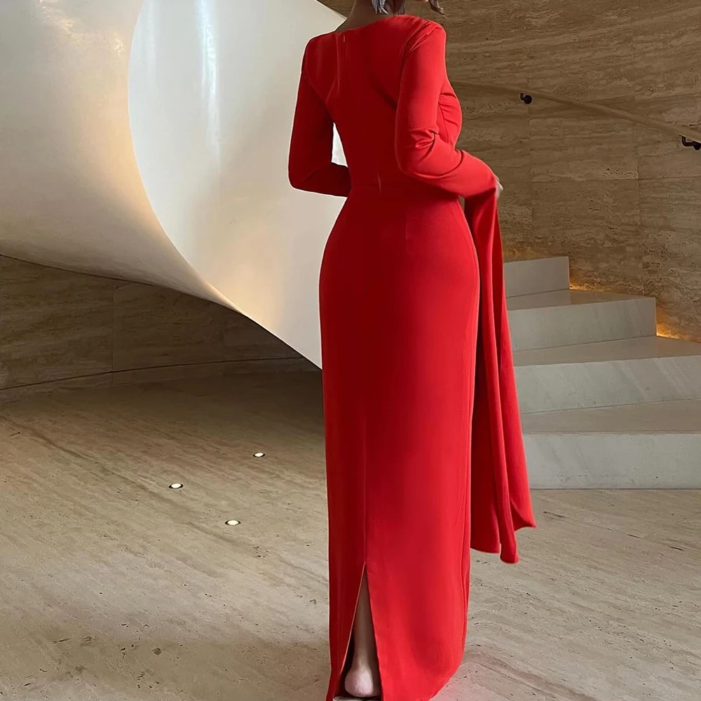 تخصيص طويلة الأكمام جيرسي مضيئة الأكمام س الرقبة الطابق طول فستان سهرة مستقيم الشق الخلفي زيبر الظهر رشيقة صور كولو #2