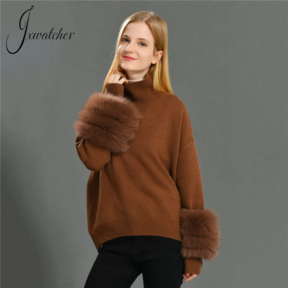 Jxwatcher Damestrui met echt bontmanchetten Damesmode Gebreide wollen tops Herfst Winter Warme trui met natuurlijk vossenbont