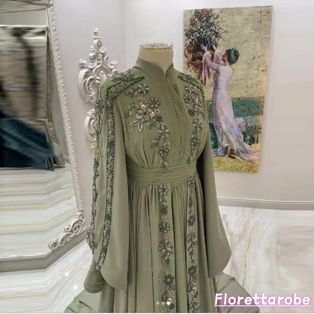 Florettarobe Marokkanisches Kaftan Muslimisches Abendkleid A-Linie Lange Ärmel Chiffon Applikation Dubai Arabisch Abaya Islamisch Maßgeschneidert – Detail 3