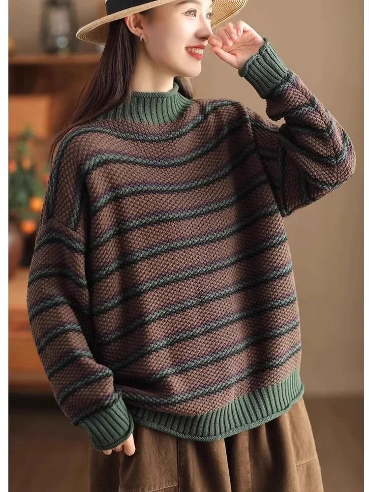 2024 Autumn/Winter Fashion Series Women's Retro Casual Knitted Hoodie Splicing Half High Collar Long Sleeve Warm Sweater  Jumper