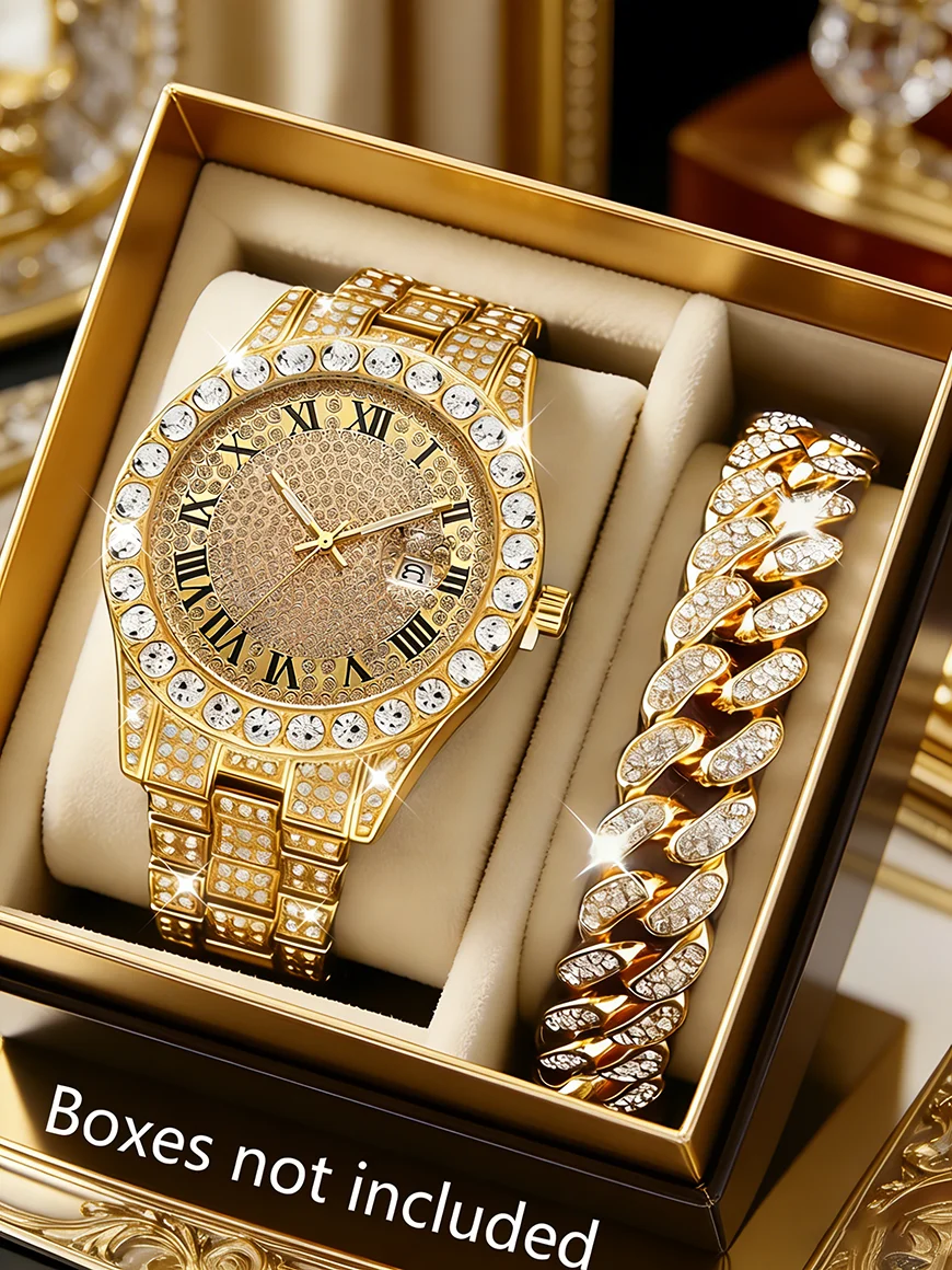 

Luxury Business Men's Quartz Watch And Hip Hop Bracelet Set with Calendar Function Embedded Craft Birthday Gift