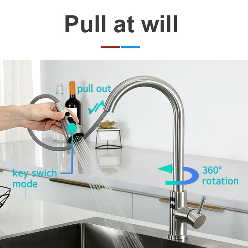 صنبور المطبخ الذكي الفولاذ المقاوم للصدأ صنبور المطبخ الحديث النحاس سحب ما يخرج شاشة ديجيتال بدون لمس خلاط المطبخ بالوعة الحنفية