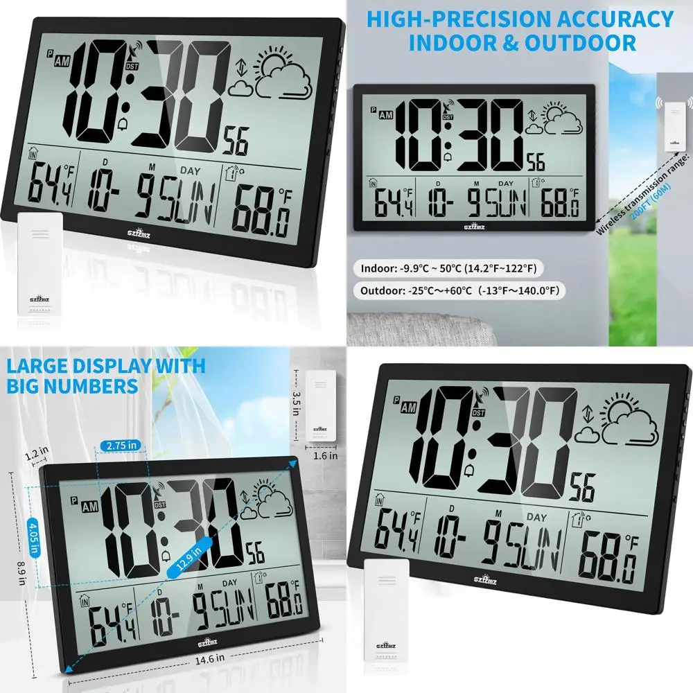 

14.6 Battery-Powered Atomic Wall Clock with Outdoor Sensor, Auto DST, Ideal for Home, Office, and School