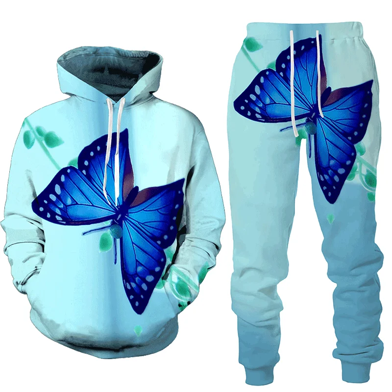 Tuta da donna 3D Butterfly Print felpa con cappuccio Sweatshit Set di due pezzi maglione femminile Pullover pantaloni tuta Casual abbigliamento donna