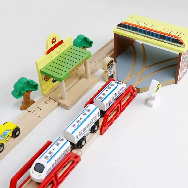 لعبة مسار القطار الخشبي نفق الجسر السكك الحديدية الحضرية تجاوز مسار القطار المروري مجتمعة الملحقات الخشبية لتقوم بها بنفسك لعبة هدايا عيد الميلاد