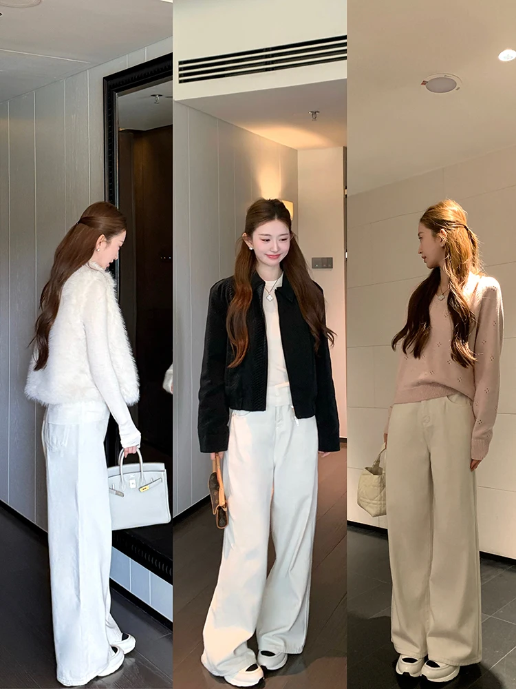 

Осенне-зимние женские джинсы с высокой талией, прямые широкие штанины, свободный крой, светло-бежевые, повседневные, из эластичного хлопка