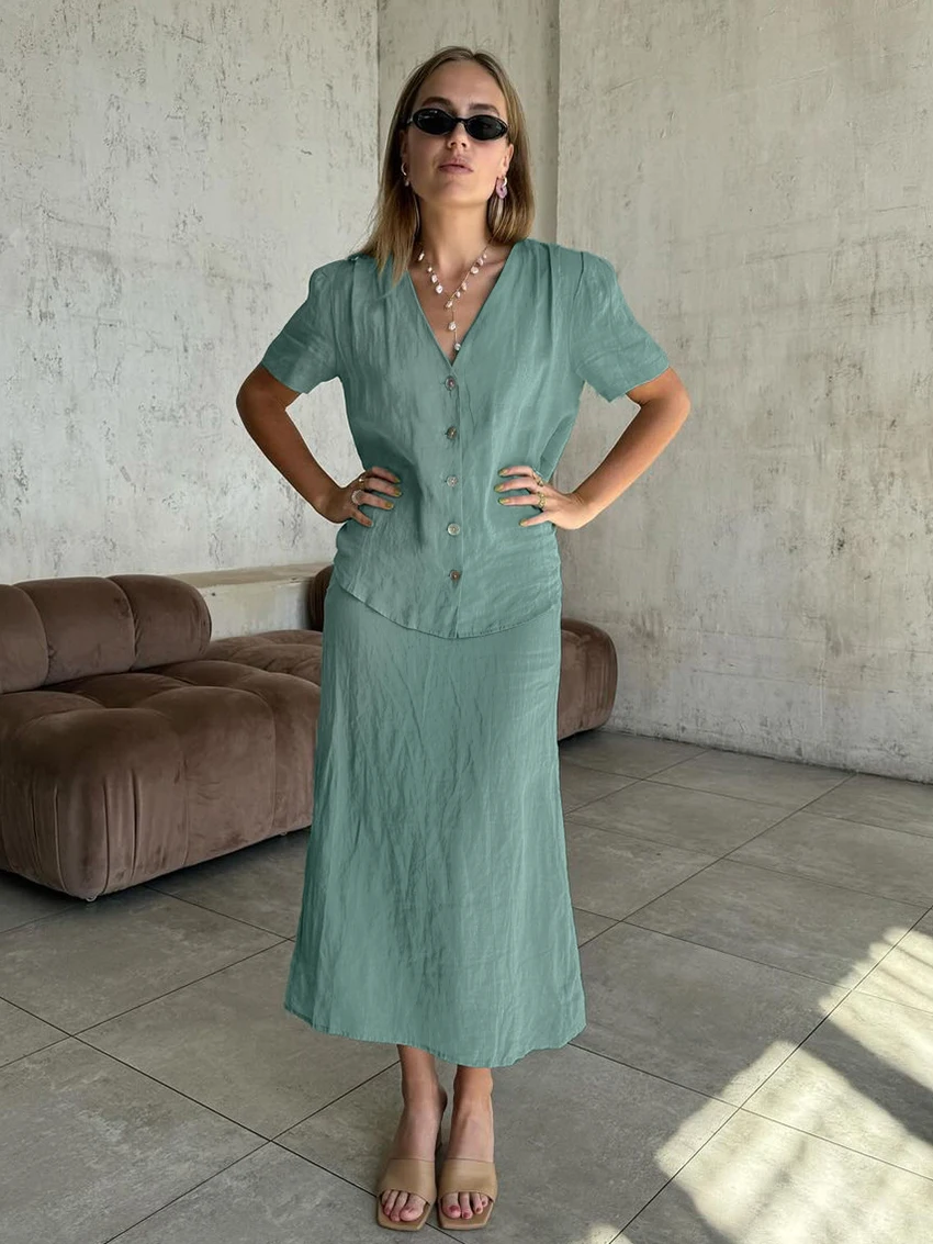 Marthaqiqi Summer Female Nightgowns Suit Sexy V-Neck Sleepwear Short Sleeve Nightwear Long Skirt Casual Women Pajama 2 Piece Set