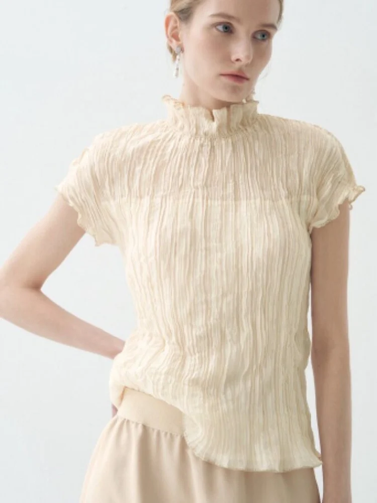 

Slimming Short Sleeve Shirt Korean Style Pleated Elastic Commute Versatile Chic Stand Collar Cotton Blend Daily Wear for Women