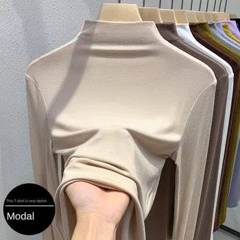 Camiseta modal de manga comprida com meia gola alta, camisa básica para mulheres, moda de deslocamento, camada interna elástica