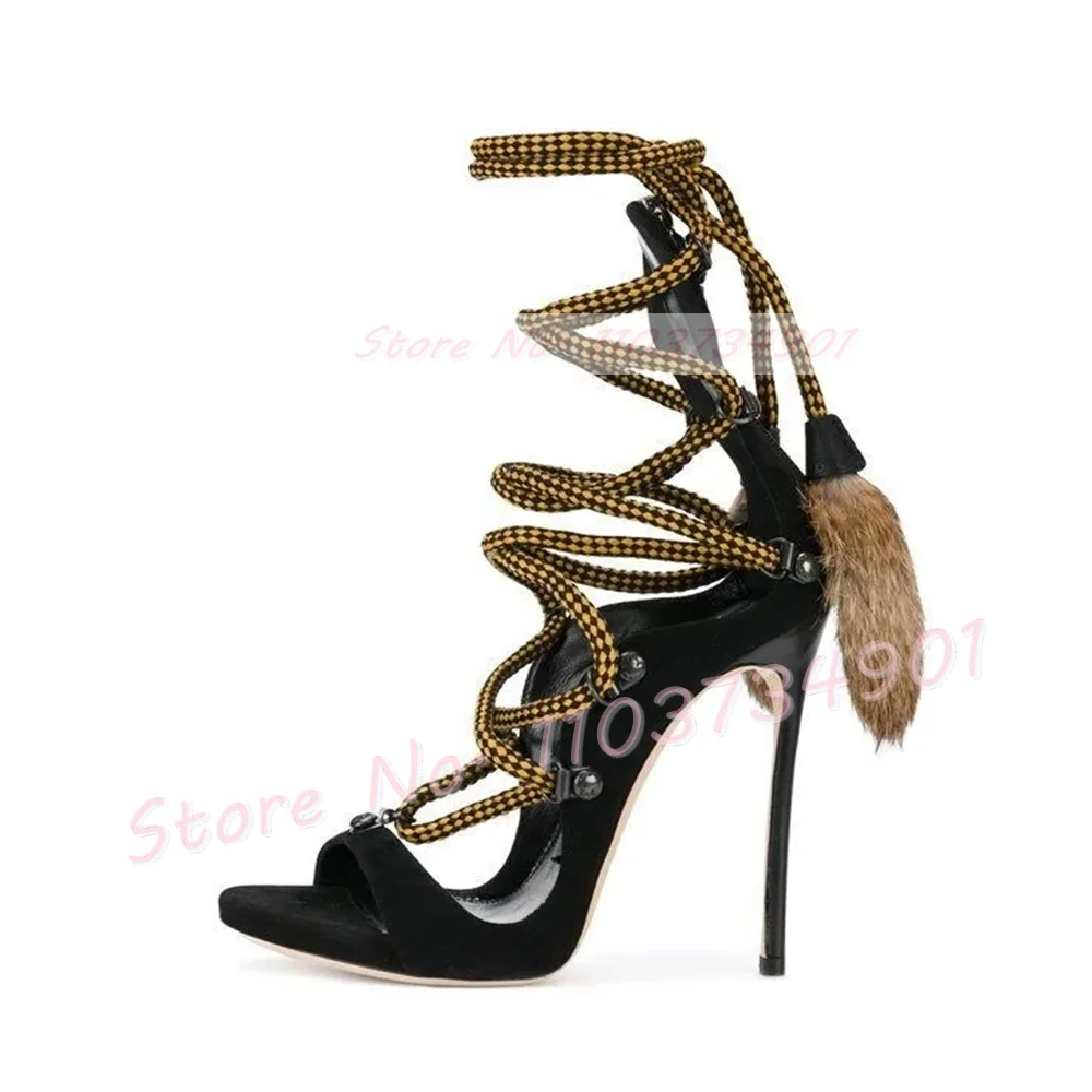 Cross Tied Sandals With Plush Ball Women Open Toe Strappy High Heels Gladiator Sandals Suede Classy Elegant Cover Heel Shoes