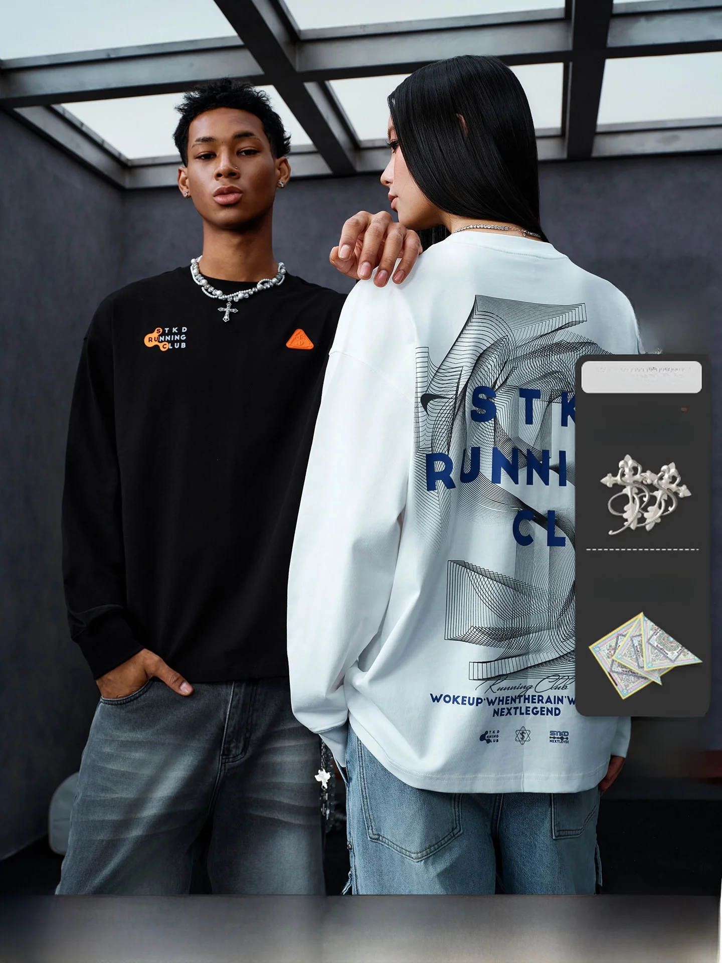 STK SmallTownKid Outdoor Sports Phantom Line Long Sleeve T-Shirt Street Casual Style Top Trendy Personality Cotton Sweatshirt